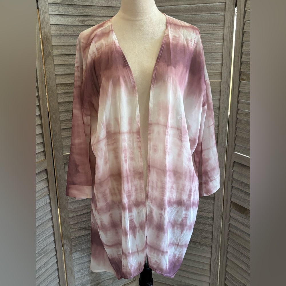 Women’s Sheer Dusty Rose & Ivory Duster w/ delicate tie-dye pattern One Size